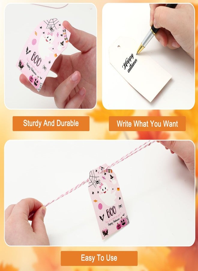 وولاين مجموعة هدايا ورقية من والين، ١٠٠ قطعة، بتصميم هالوين، لون وردي، على شكل شبح يقطينة، مع حبل، بطاقات تعريفية مخيفة لتزيين حفلات الهالوين. - Image 4